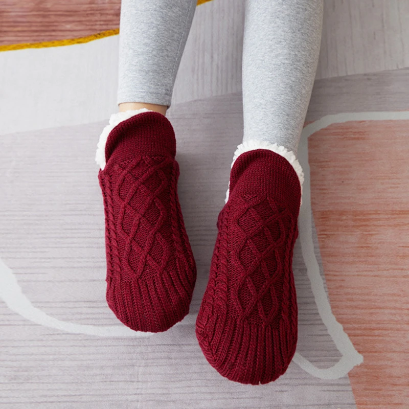 Knitted Slipper Socks Thick Slippers Women Girls Autumn Winter Velvet Home Floor Socks Non Slip Mid Tube Kawaii Cute Socks 1Pair