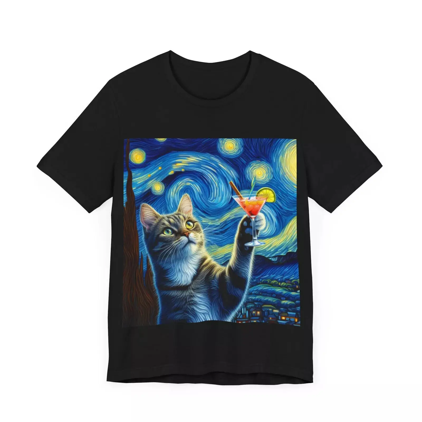 Starry Night Cat with a Cocktail Unisex Jersey Short Sleeve Tee