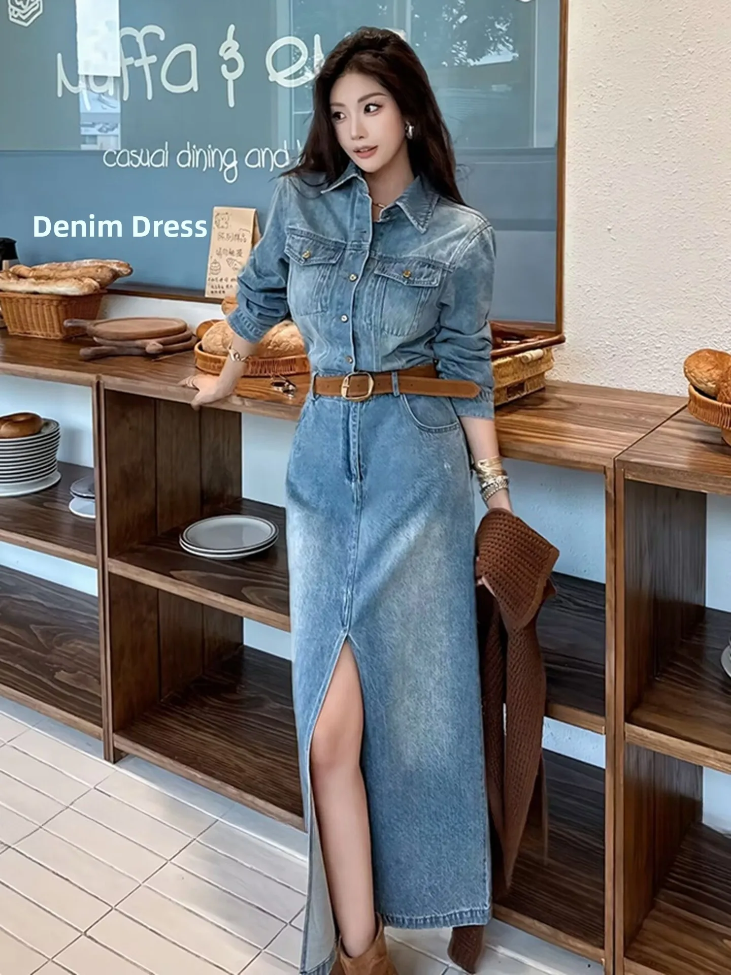 Bleu col décontracté Dr femmes taille haute a-ligne jupe Polyester fibre longue Sve automne Faion Street Sle