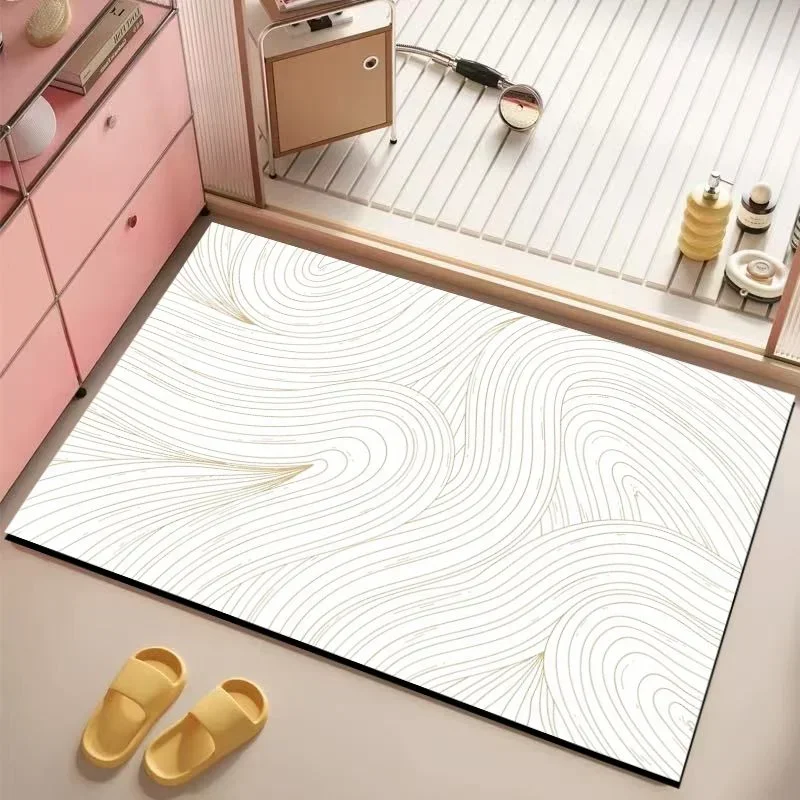 VIKAMA Wavy Line Geometric Bath Mat Non Slip Water Absorbent Bathroom Floor Rug Neutral Minimalist Modern Shower Entryway Mat