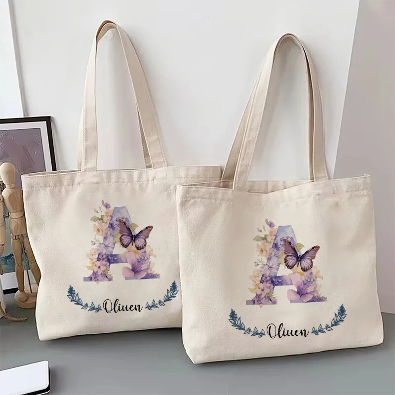 Flower Butterfly Letter Personalized Name Canvas Tote Bag Organizer Romantic Wedding Bridesmaid Party Gift Handbag Shoulder Bags