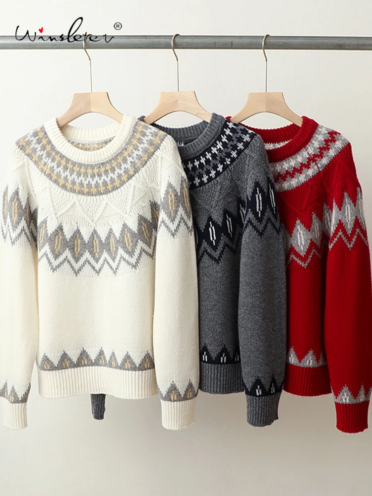 

Winsleter-100% элегантный свитер из овечьей шерсти, жаккардовый свитер с круглым вырезом, женский повседневный свободный вязаный свитер Fair Isle, зима 2025 года T5N512CC