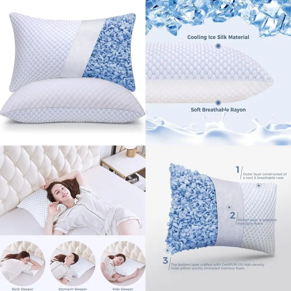 

Queen Size Cooling Memory Foam Pillows Set of 2 - Adjustable, Temperature Controlled, Hypoallergenic & Washable