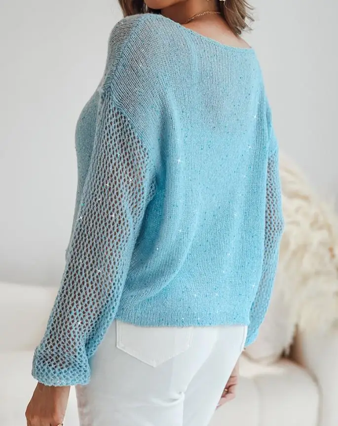 

Women 2025 Fashion Latest Hot Selling Elegant Unique Lurex Cold Shoulder Hollow-Out Knit Cover Up Casual Drop Shoulder Top