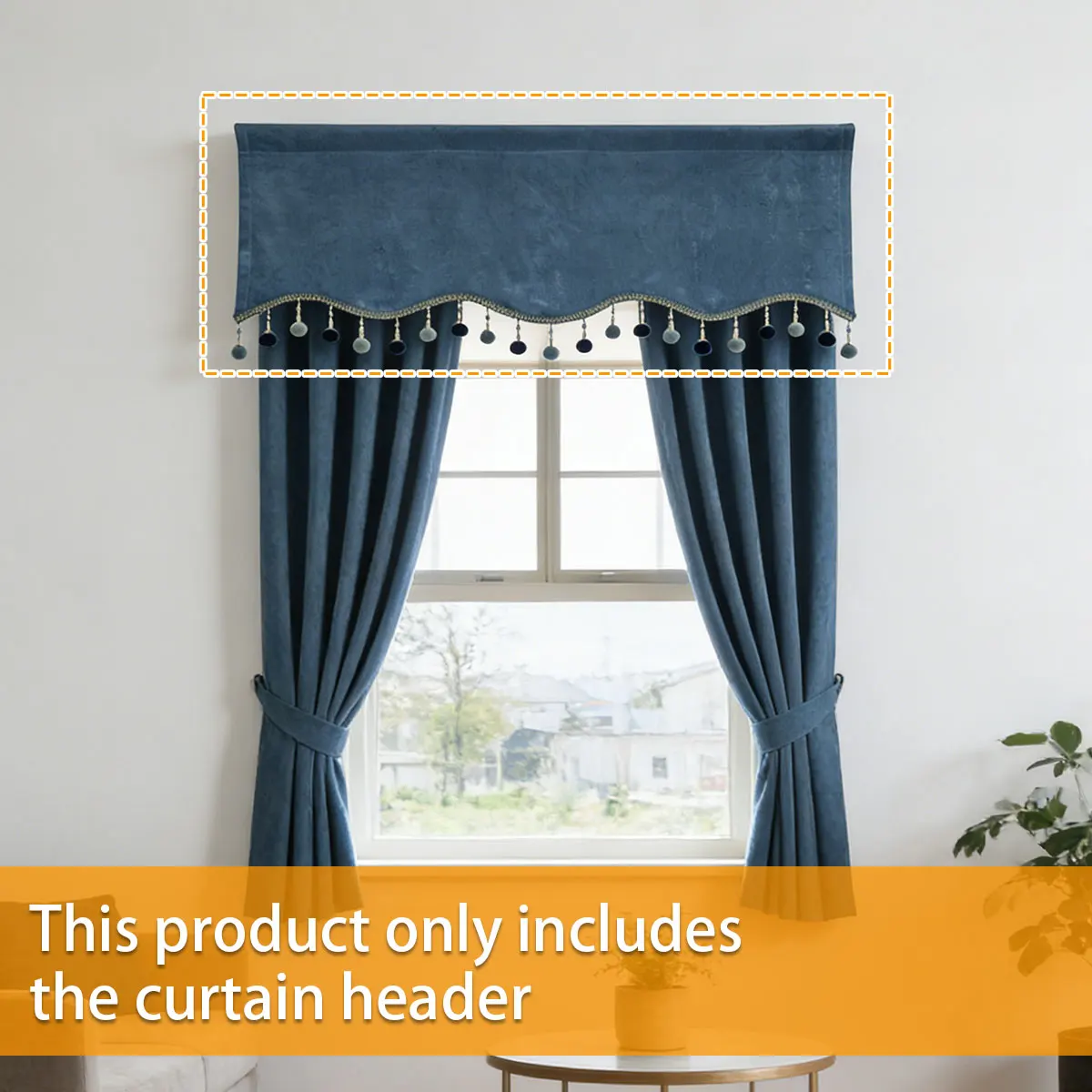 1 Piece Haze Blue Velvet Pom-pom Tassel Window Valance, French Retro Luxury Style, Wave Edge Curtain Valance for Curtain Track C