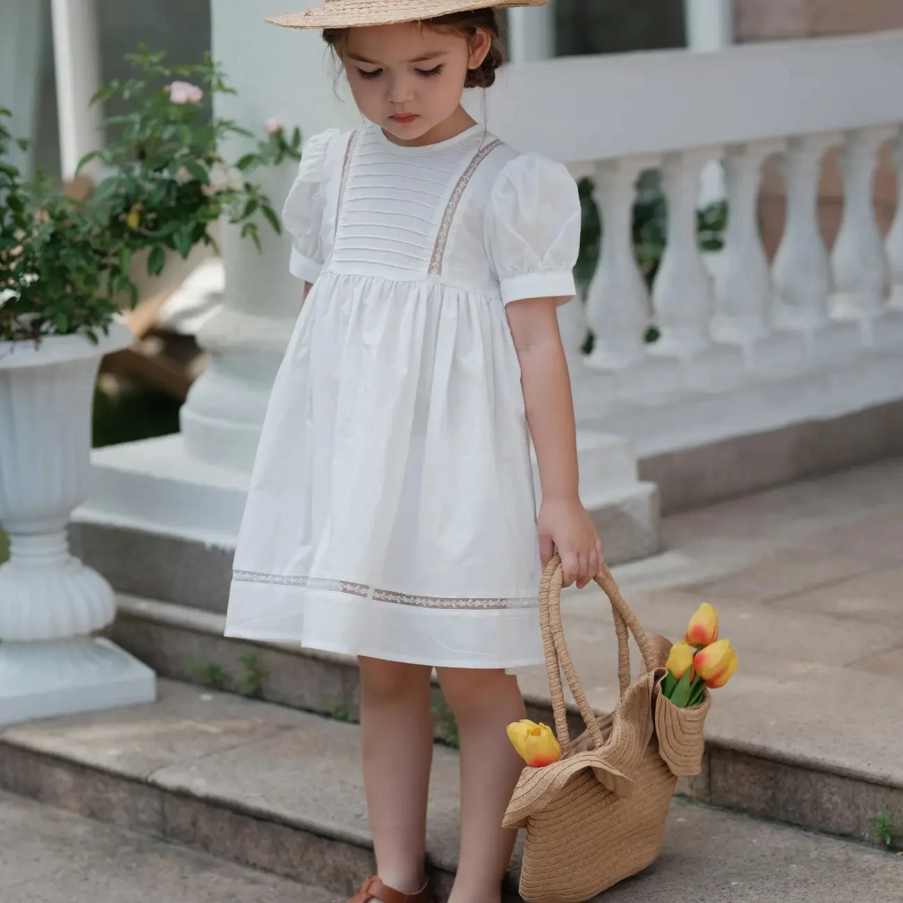 Toddler Baby Summer White Princess Dress Children Short Puff Sleeve Cotton Casual Dresses for Girls Daily Outfits Clothing 6 7 8