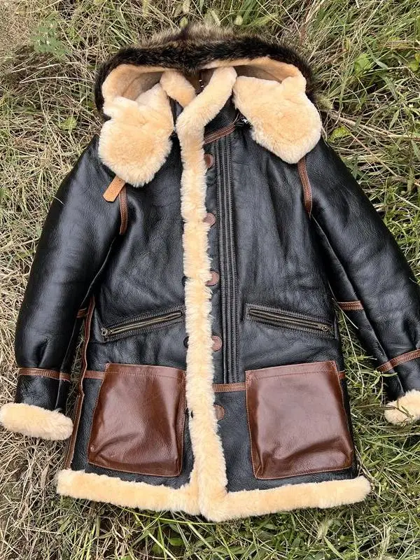 

Retro Shearling Long Coat with Hood - Thickened Warm Genuine Leather Fur Jacket