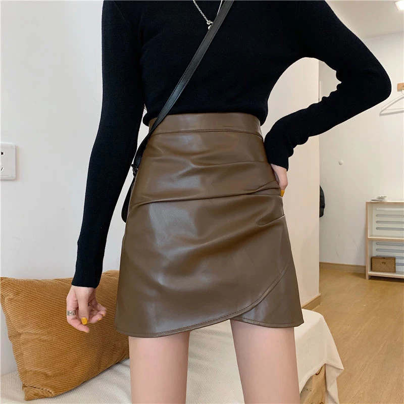 

Rimocy Pleated Pu Leather Short Skirts Women Spring Summer High Waist Irregular Skirt Woman Zipper Up Streetwear Skirts Mujer