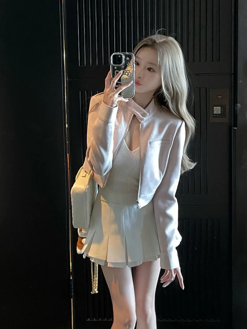 Fashion Sweet Stand Collar Coat Skirt Two-piece Set Women Temperament Pearl Pink Spicy Girl Korean Gentle Solid Slim Spring Suit