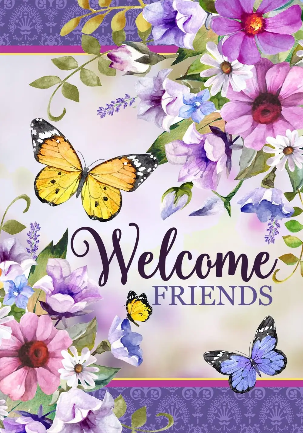 Texupday Welcome Friends Floral Blooms Butterfly Decoration Seasonal Spring Summer Garden Flag Outdoor Yard Flag 12
