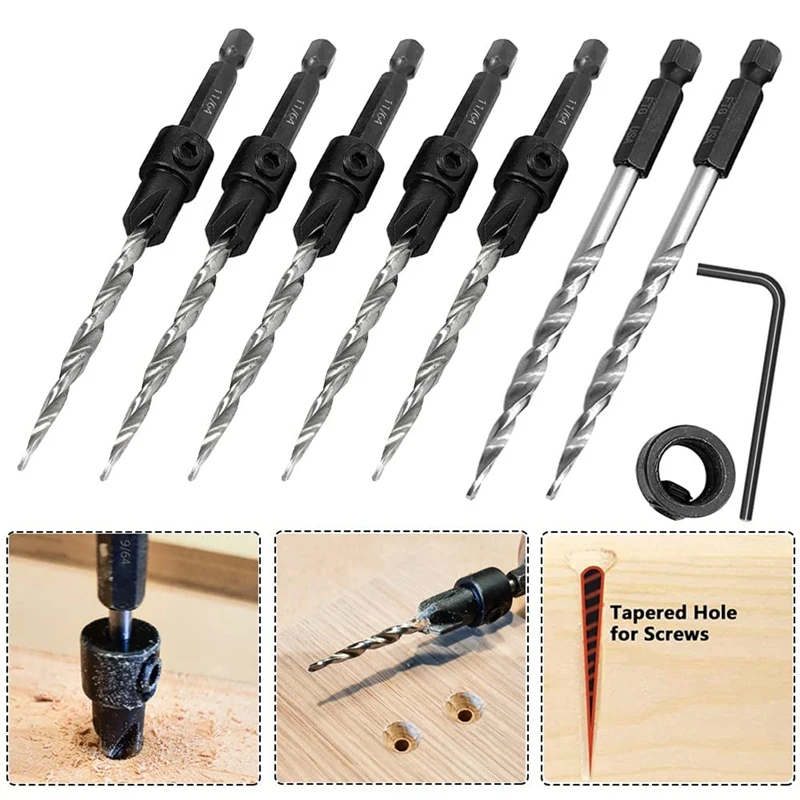 5Pcs Wood Countersink Drill Bit Set With 2Pcs Counter Sinker Replacement Tapered Drill Bit For Drilling Pilot Hole