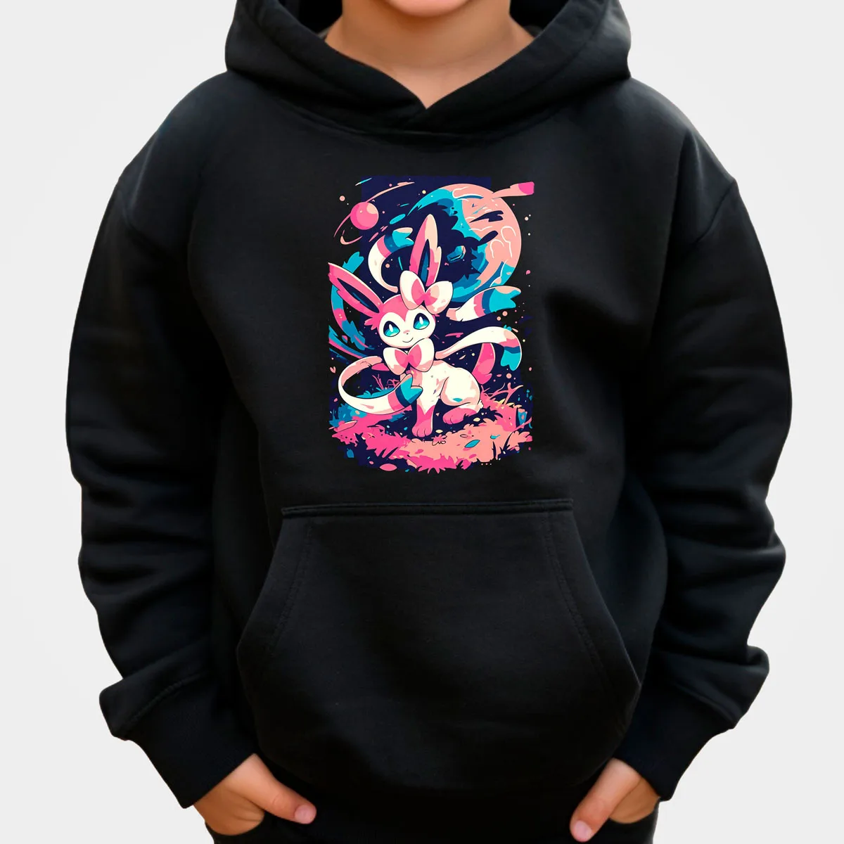 Pokemon Anime Sylveon Cotton Hoodie Black with Pink Blue Yellow Colorful Splash Pattern Loose Fit Casual Style​