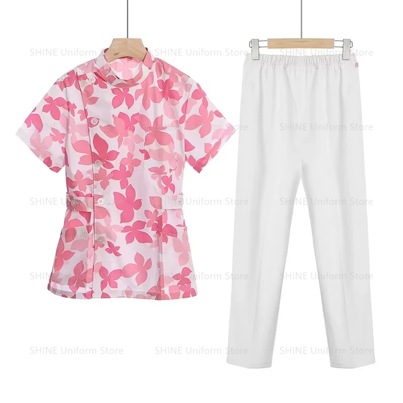 Weißes kurzes Peelings-Set, Krankenschwester, Arzt, medizinische Uniform, Damen-Outwear, Pflege, Krankenpflege, zweiteiliger Anzug, Schönheitssalon, Krankenhauskleid, Logo