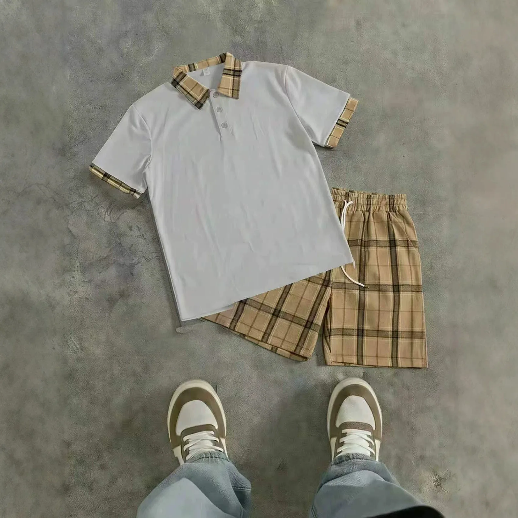 Nuevo Conjunto de Camiseta Polo de Manga Corta y Pantalones Cortos para Hombre, Diseño Deportivo Casual a Cuadros con Cuello Transpirable