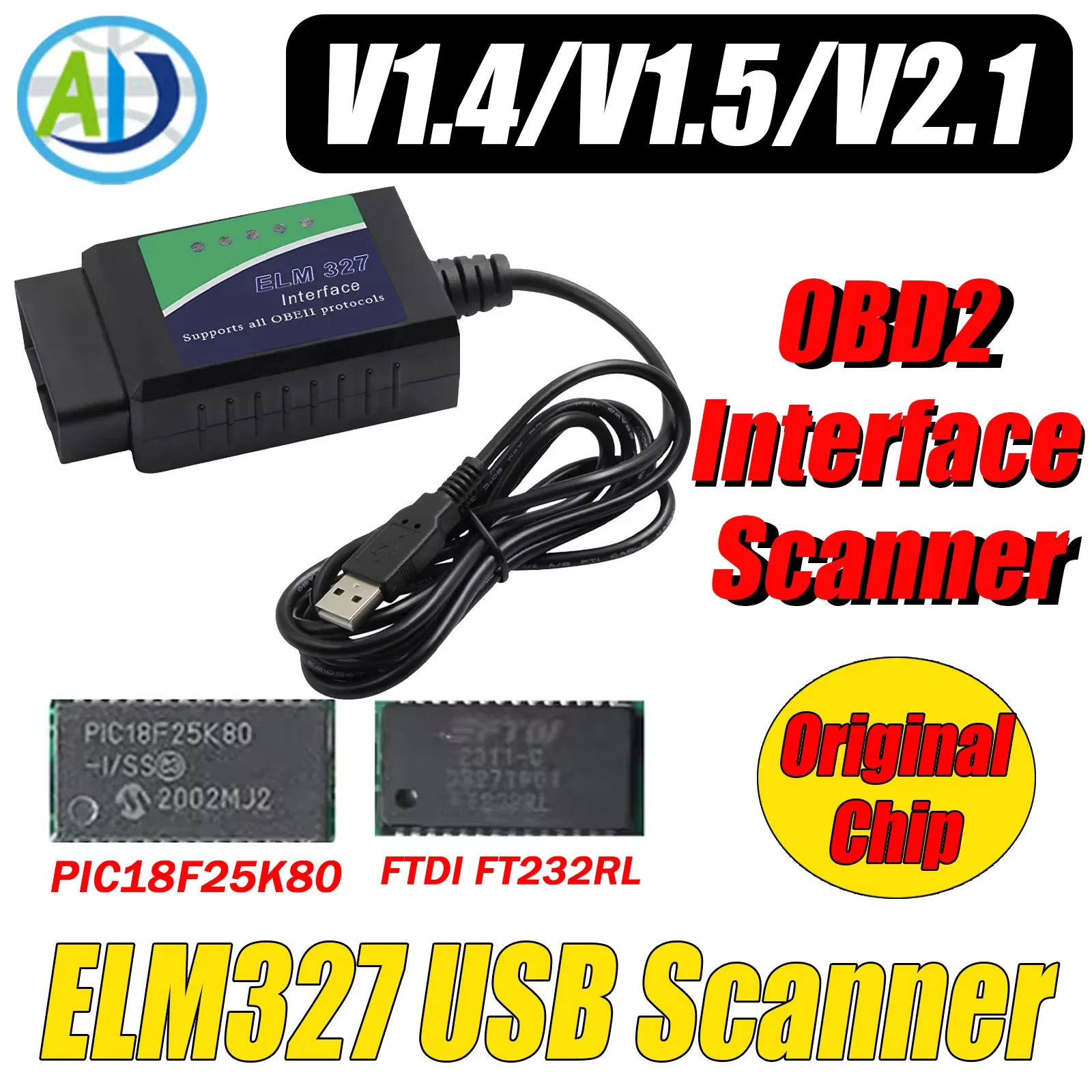 

OBD2 Interface Scanner ELM327 USB V1.4/1.5/2.1 Original PIC18F25K80 FTDI FT232RL OBD2 Diagnostic Tool For ScanTool/MultiEcuScan