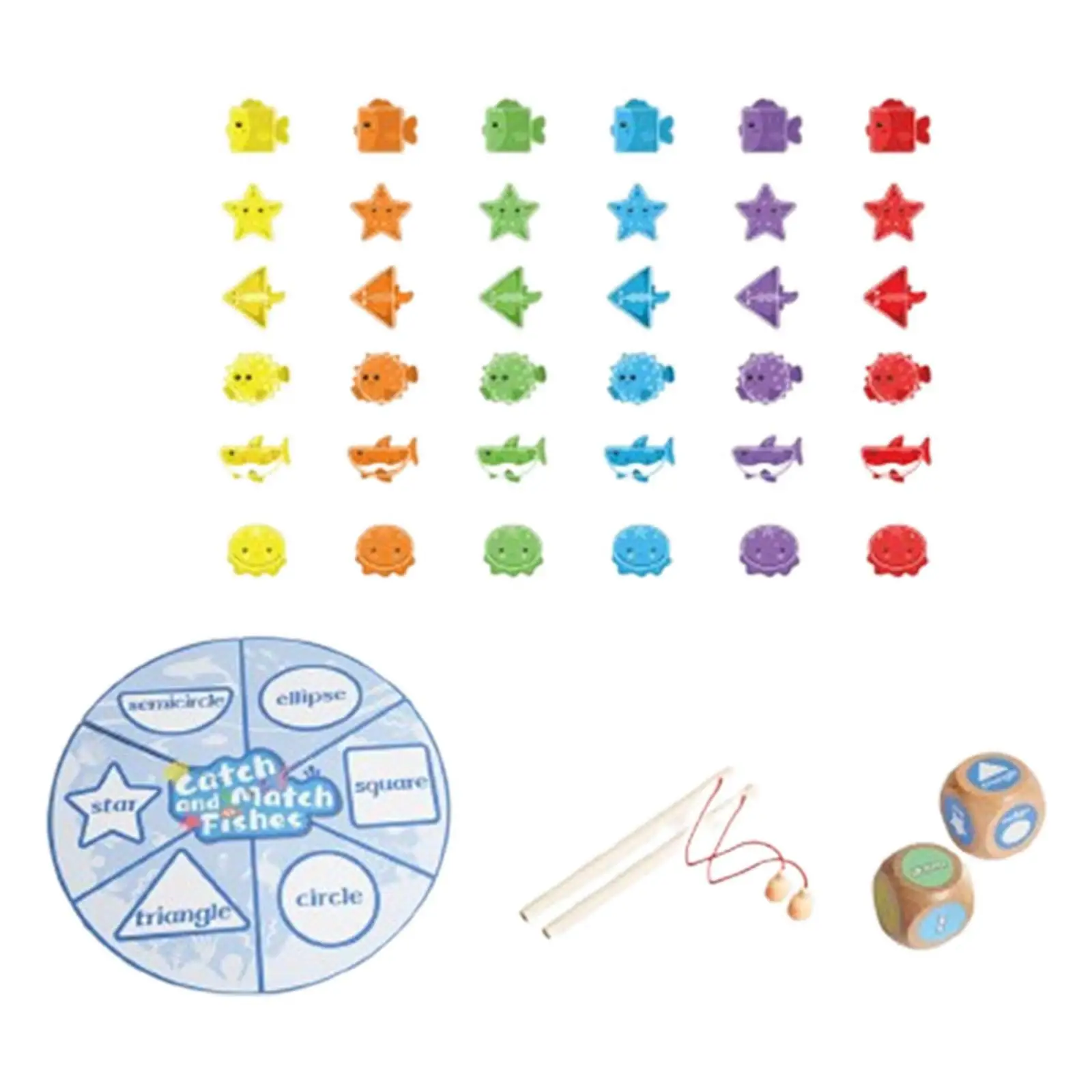 Catch and Match Fishes Toys Fine Motor Skill 2Pcs Rods 36Pcs Fishes Dice Sorting Matching for Indoor Home Gifts Child Boys Girls