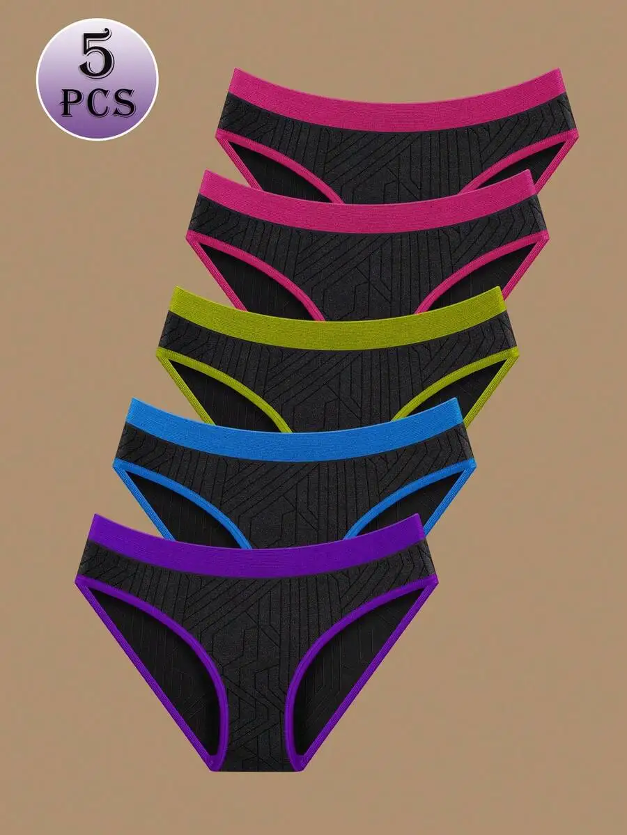 

5 Pcs Women Seamless Low Waist Panties Colorblock Design Comfortable Black Base With Bright Trim