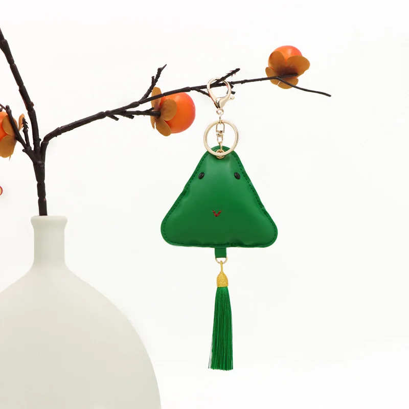 Chinese Style Pu Leather Zongzi Keychain with Tassel, Cute Triangular Zongzi Shape Bag Pendant, Holiday Gift