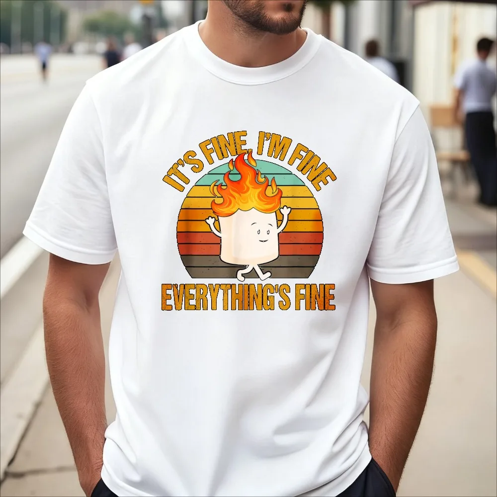 Its Fine Im Fine Everythings Fine Funny Cartoon Graphic Printed T-Shirt Summer Short Sleeve Loose Casual Fashion Man Women Tees