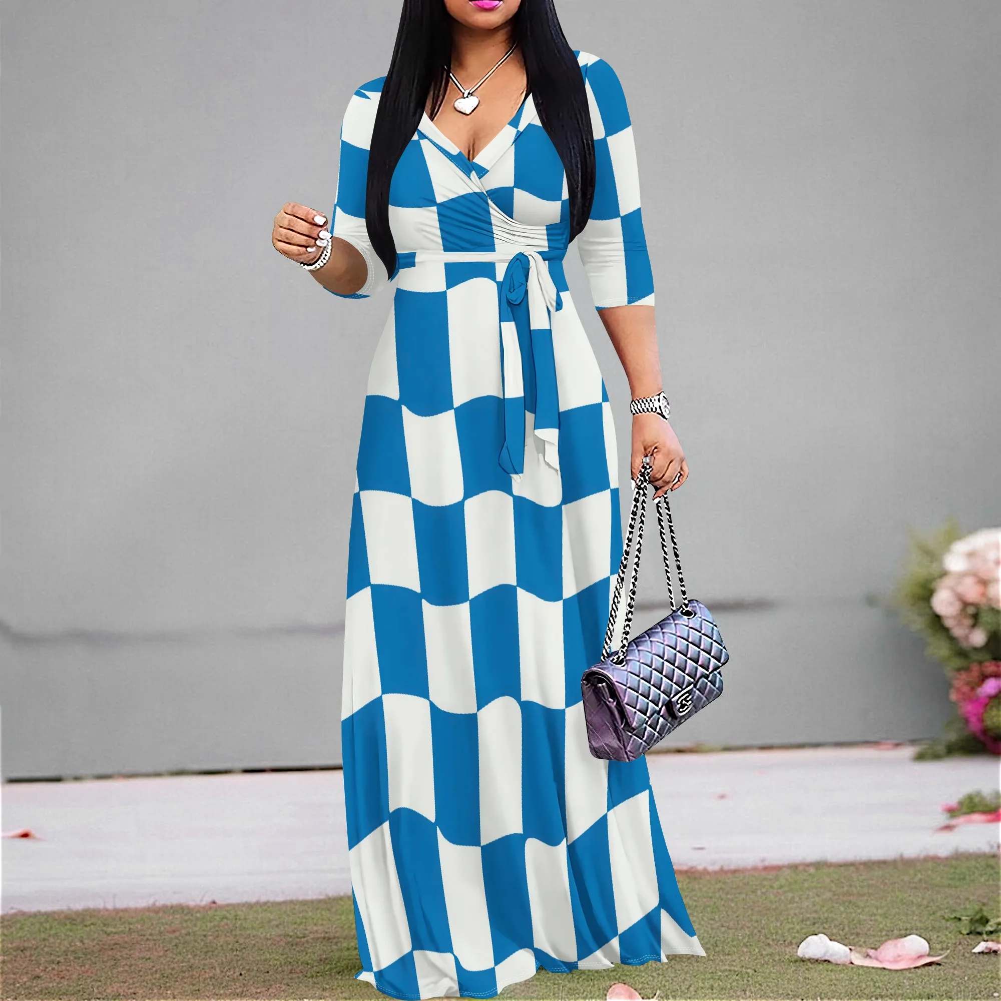 

Women’s Blue Checkered Print Maxi Dress XS-3XL V Neck Tie Waist Long Sleeve Flowy Dress Summer 2025 Vacation Beachwear