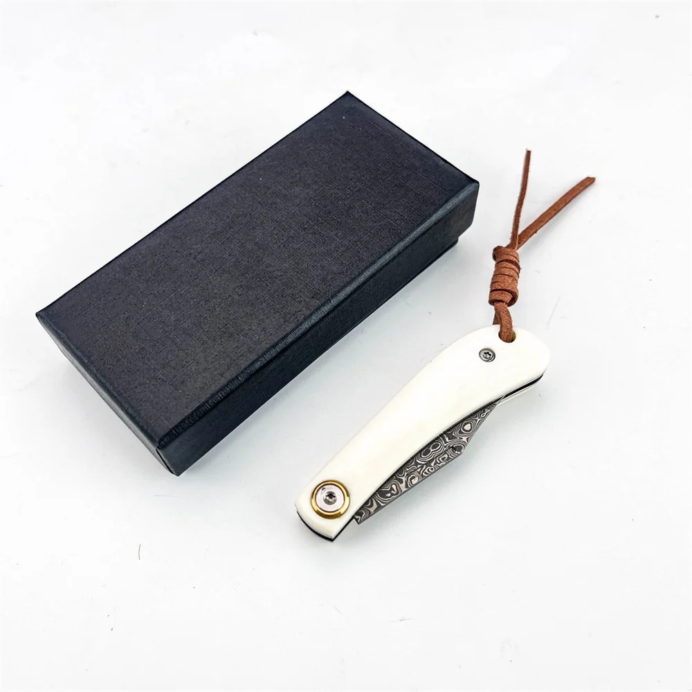Vintage Damascus Folding EDC Pocket Knife Ivory Bone Handle, Compact Survival Camping Knife for Outdoor Hunting Collection Gift view 5