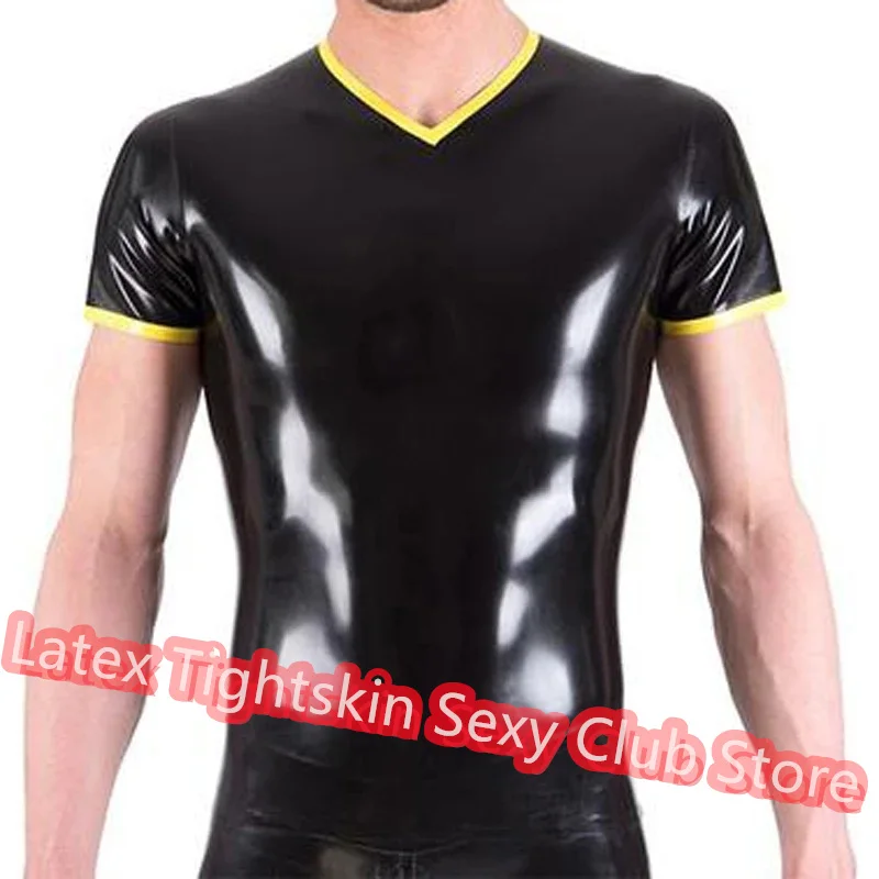 

Handmade Latex Men Sleeveless Shirt Man Sexy Tops Rubber Tank Vest with Yellow Trim Cosplay Costume