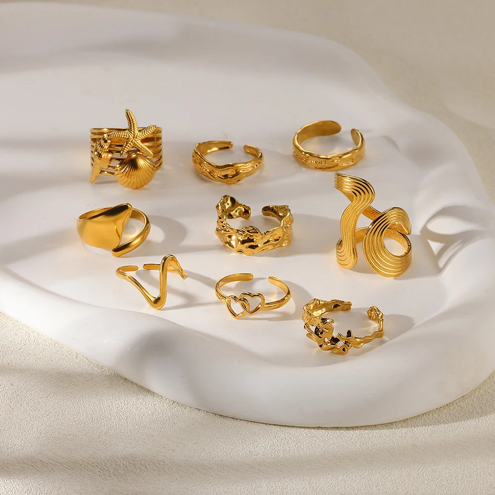 New Design Stainless Steel Irregular Rings For Women Sea Star Shell Broad Surface Bague Punk Heart Gold Color Jewelry Christmas