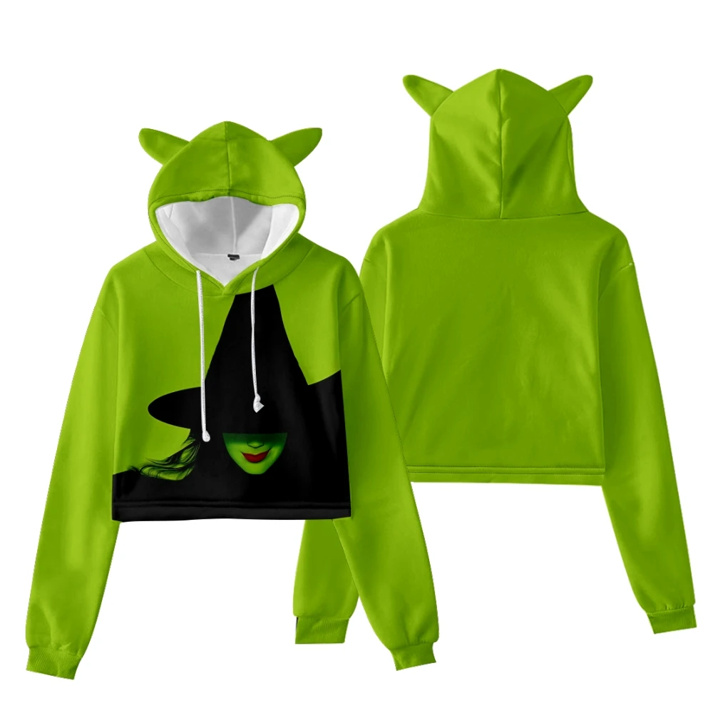 WICKED The Musical Elphaba 3D Print Crop Top Hoodie Women Harajuku Streetwear Hip Hop Kawaii Cat Ear Navel Cropped Sweatshirt