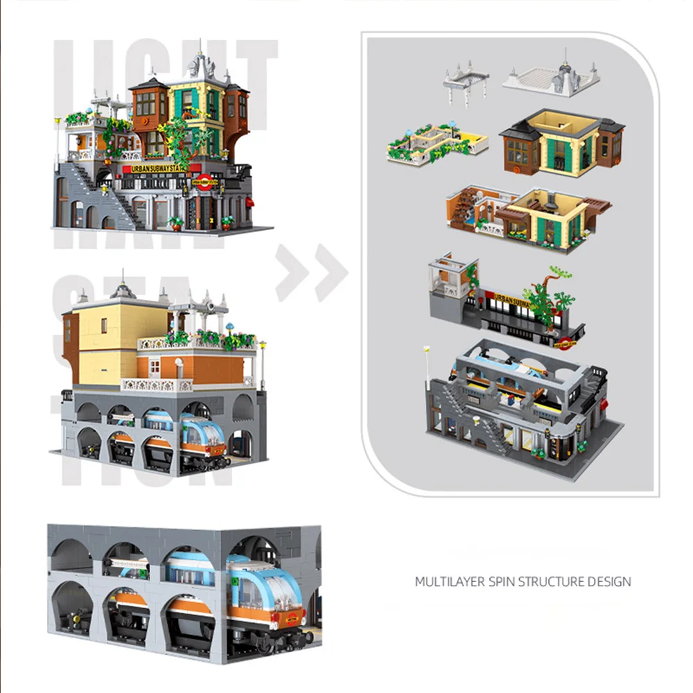 도시 라이트 레일 역 모델 지하철 빌딩 블록 스트리트 뷰 어려운 조립 장난감 어린이 크리스마스 선물용 3692PCS
