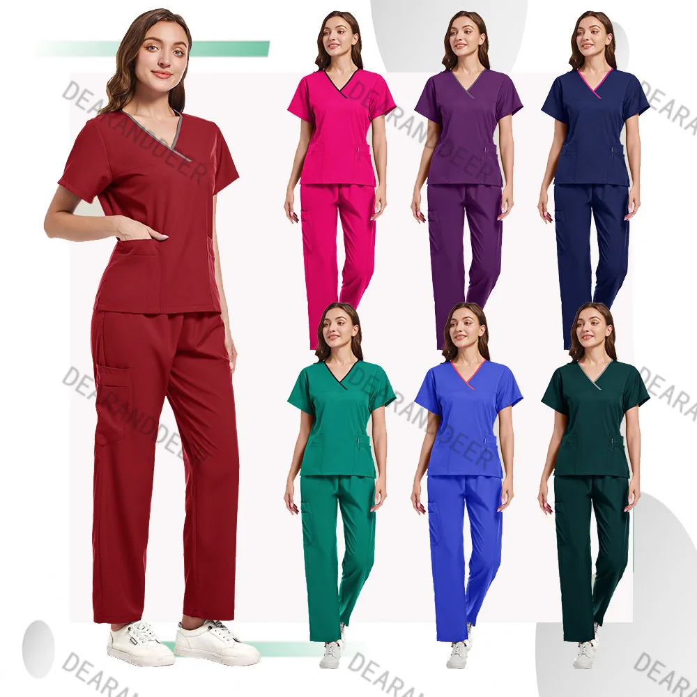 

Short-sleeved men's and women's general medical V-neck fashionable nurse set hospital doctor oral dental surgery work uniform