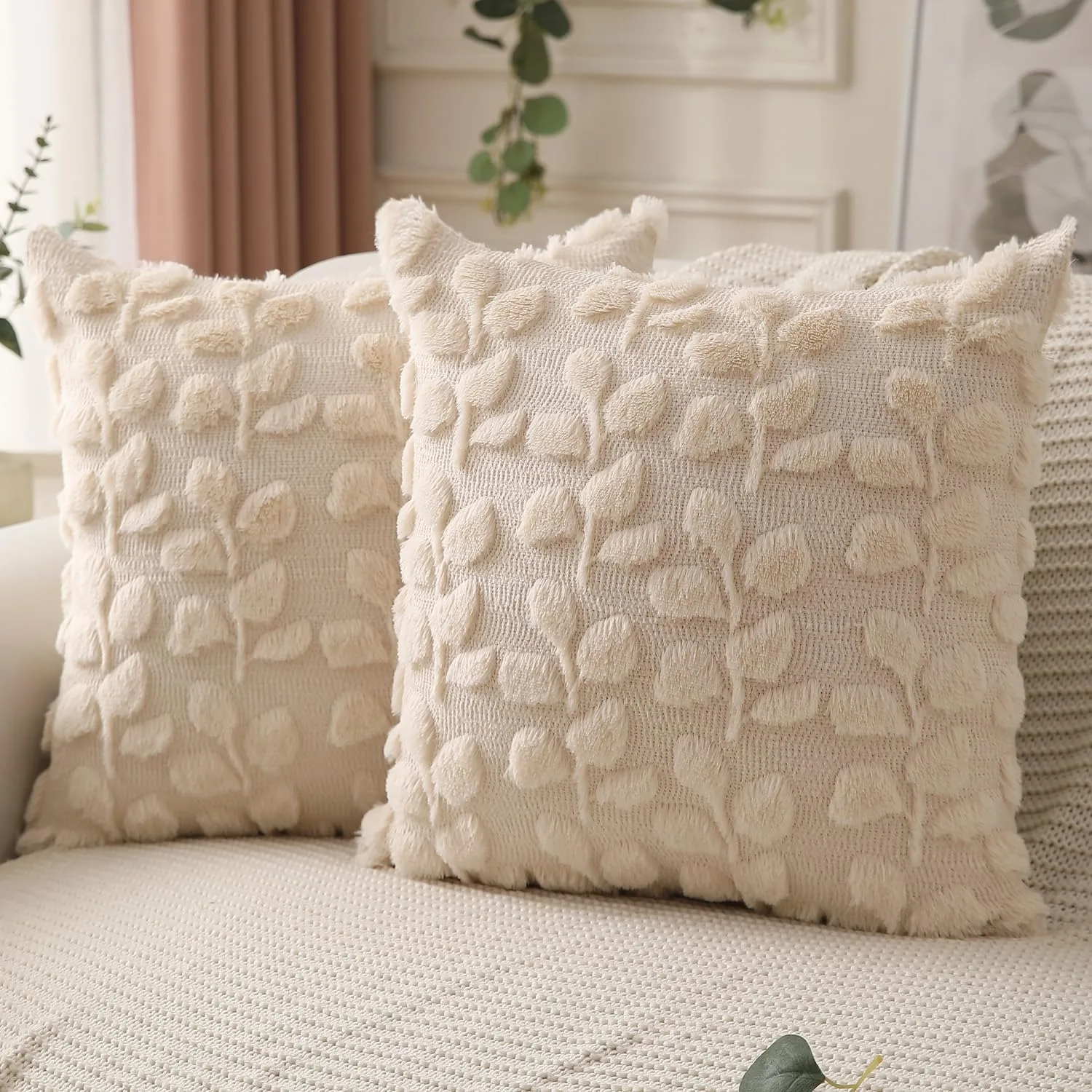 Pillow Covers 18x18 Inch Farmhouse Decor Cream White Eucalyptus Leaves Soft Plush Faux Fur Jacquard Spring Summer Throw Pillows