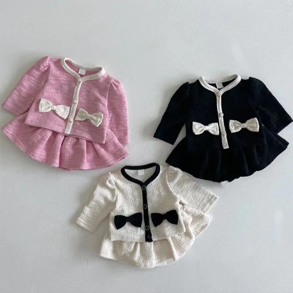 Autumn Fashion Girl Children Bow Long Sleeves Shirt Set Baby Sweet Cotton Tops + Solid Skirt 2pcs Kid Infant Casual Blouses Suit