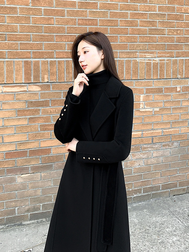 

Осенне-зимнее новое женское пальто, модное двустороннее кашемировое шерстяное пальто средней длины с завязкой на талии