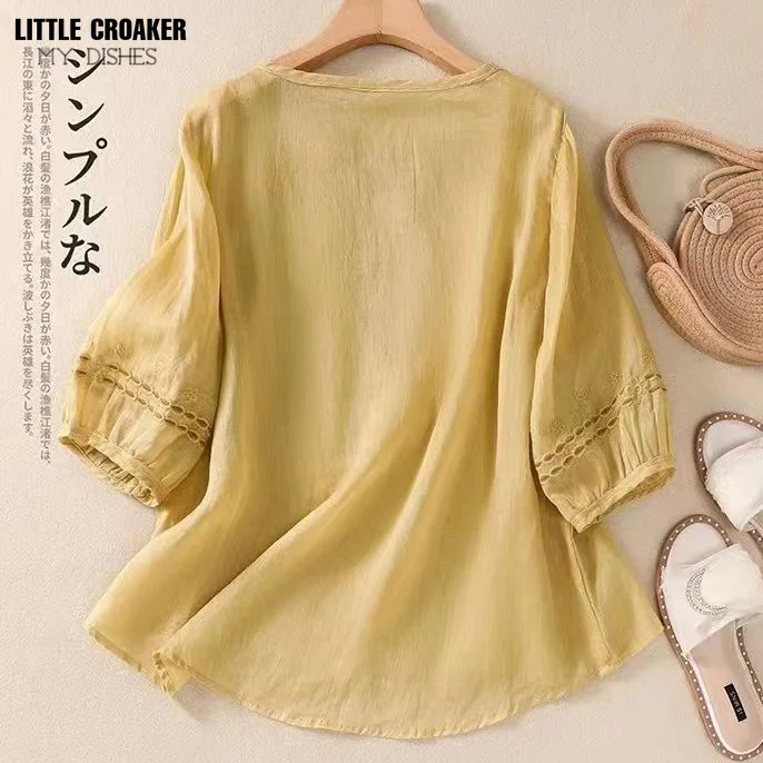 Summer Middle-aged Women\'s Clothing 2024 Economic Half Lantern Sleeve Breathable Women Cotton Linen Blouse