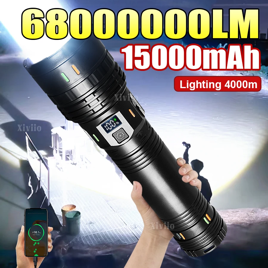 68000000LM Super Powerful LED Flashlights 15000mah Built-in Battery Rechargeable Torch Zoom 4km Strong Light Tactical Flashlight