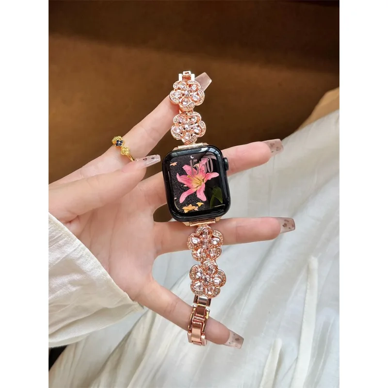 Sparkling Multicolor Gemstone Clover Watch Strap for Apple Watch 11 10 9 8 7 6 5 Metal Chain Bracelet for Iwatch Band 38-49mm 46