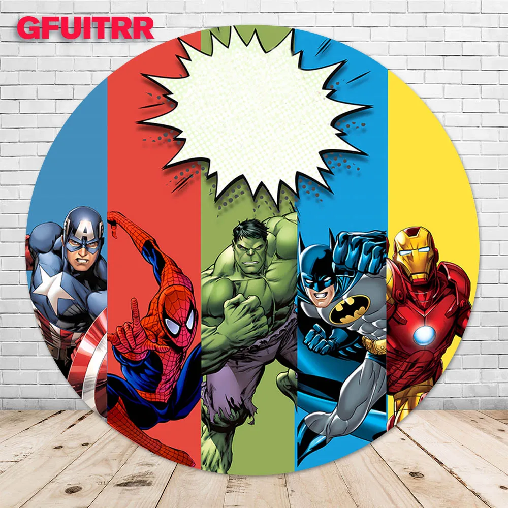 Super Hero Round Backdrop Birthday Party Marvel Decoration Spiderman Photography Background Cylinder Cover Baby Shower Prop