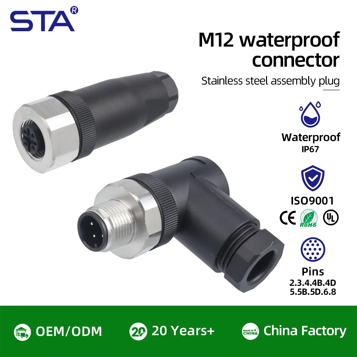 M12 Stainless Steel Waterproof Connector 2 3 4 5 6 8 Pin a B D Code Straight/Angle Male Female 316F Aviation Plug Screw Terminal