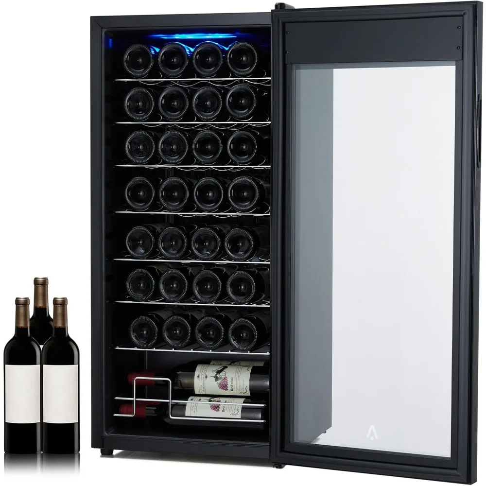 Bodega de vino de 32 botellas, enfriador de vino compacto de una sola zona y 37" con control de temperatura digital, refrigerador independiente de bajo ruido