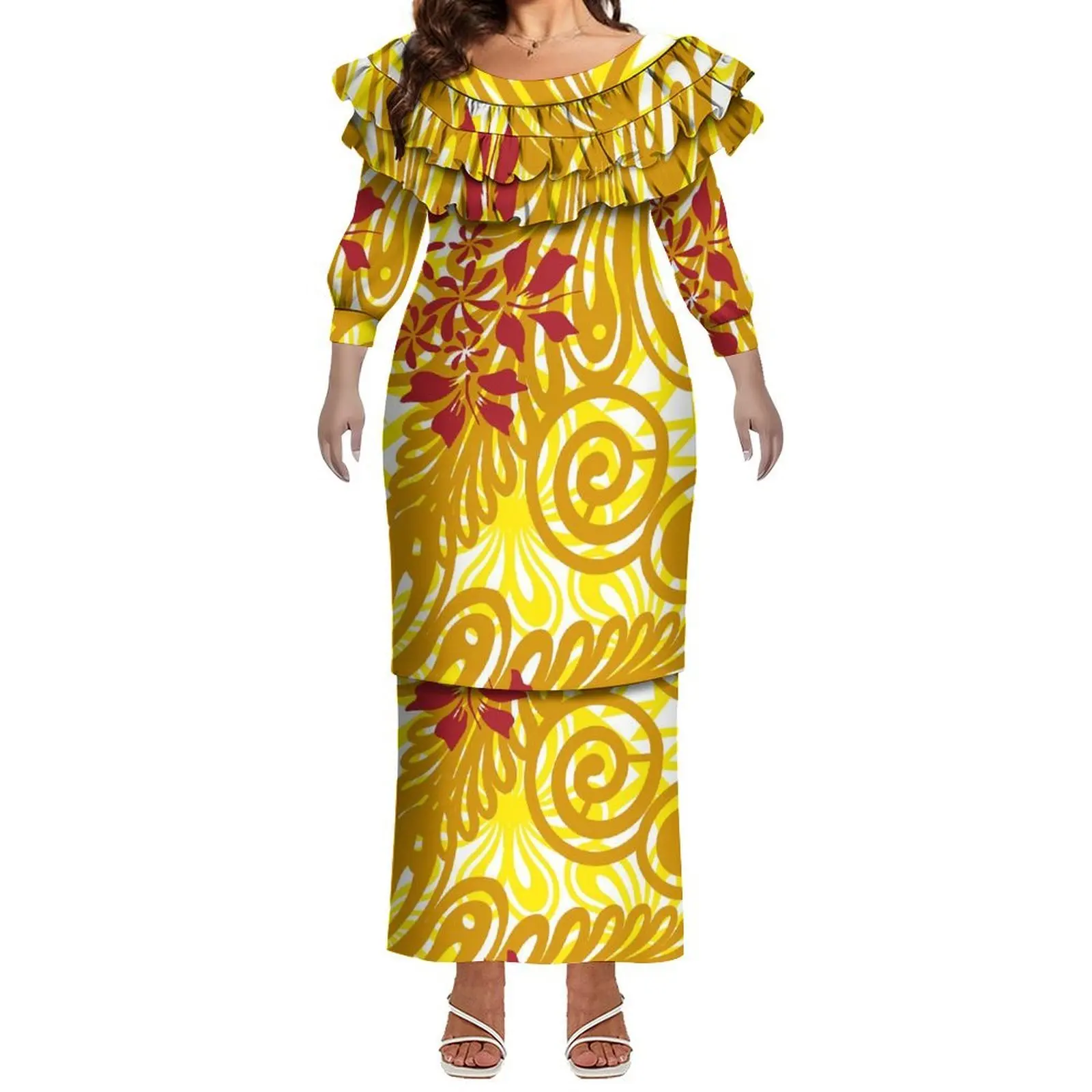 

Элегантный и модный женский костюм-платье пулетаси с круглым вырезом, завышенной талией, кружевной отделкой и полинезийским дизайном в этническом стиле