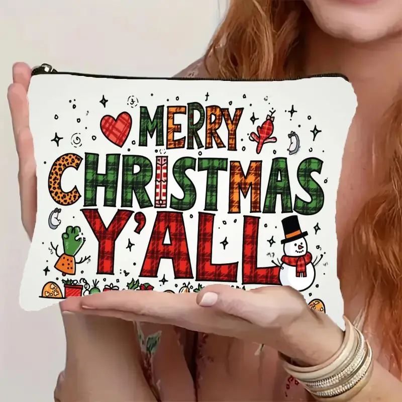 2D Flat Merry Christmas Y'all Cosmetic Bag with Zipper Closure - Festive Plaid & Snowman Print, Foldable Makeup Organizer