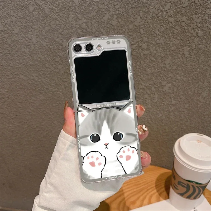 Cute Cartoon Cat Phone Cases for Samsung Galaxy Z Flip 5 ZFlip 6 Clear Cover for Samsung ZFlip 4 3 Hard Shockproof Shell Fundas