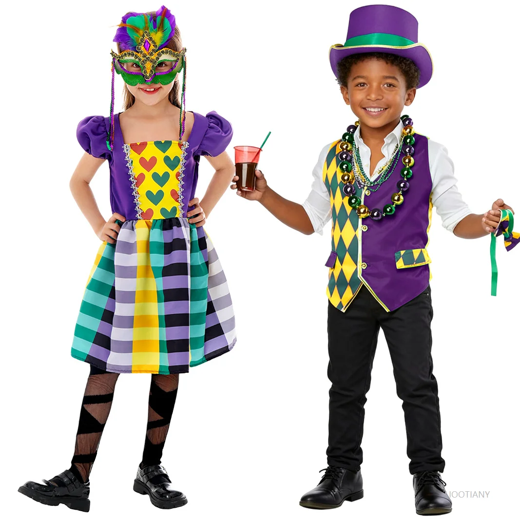 

Girls Princess Dress Colorblock Carnival Traditional National Costume Boys Halloween Party Stage Performance Role Playing Set