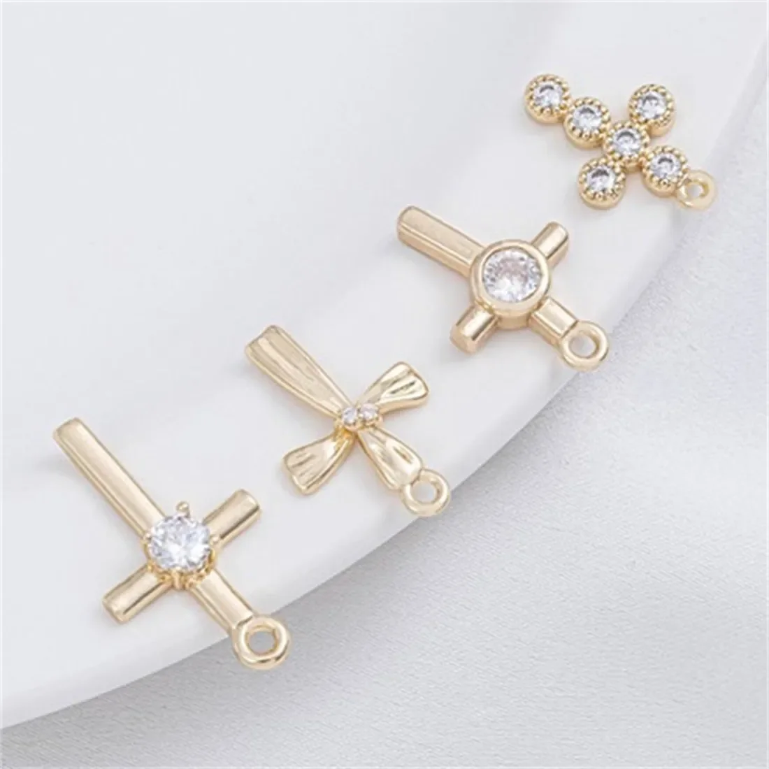 

14K Solid Gold Inlaid Zircon Cross Pendant Handmade DIY Bracelet Charm Jewelry Pendant Accessories E009