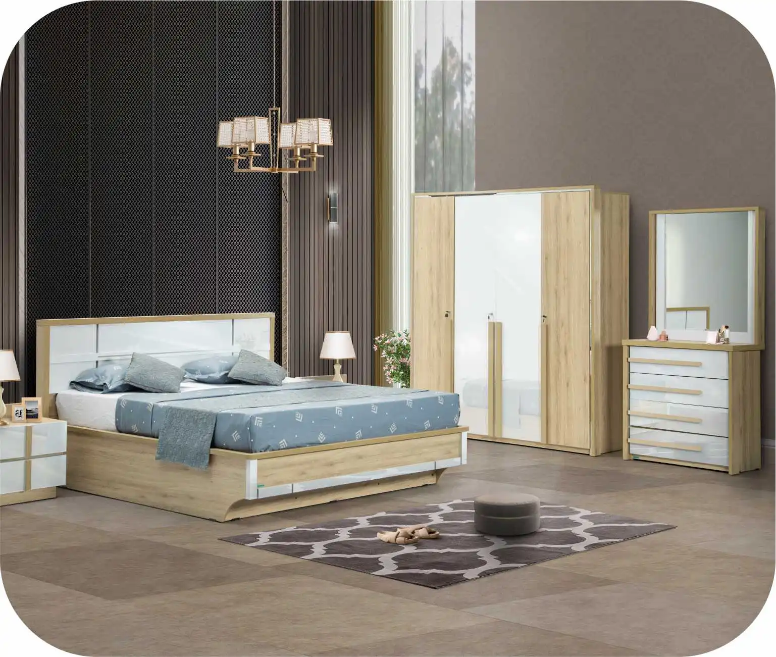 &！Newest Modern Wood Hotel Bedroom Furniture Set King Queen Size Bed Melamine MDF Double Bed