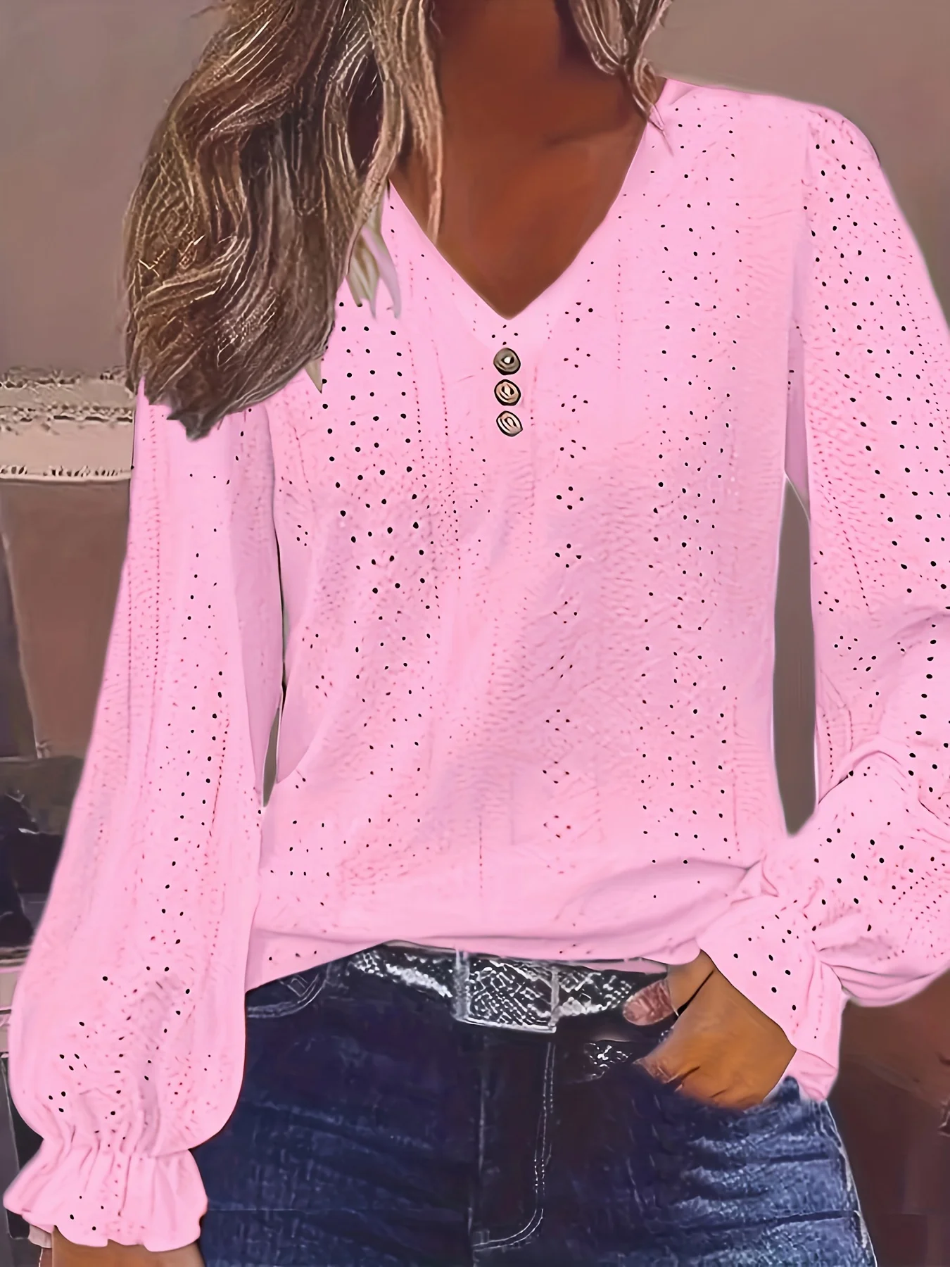Plus Size T-Shirt mit Ösenknopf-Dekor, lässiges V-Ausschnitt-Langarm-Top für Frühling und Herbst, Damen-Kleidung in Übergröße – Detail 13