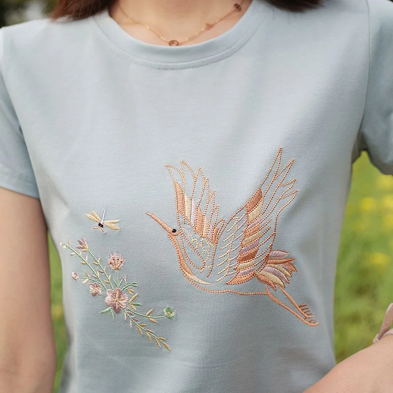 Women's Cotton Bird Embroidery T Shirt Crew Neck Short Sleeve Casual Summer Tee