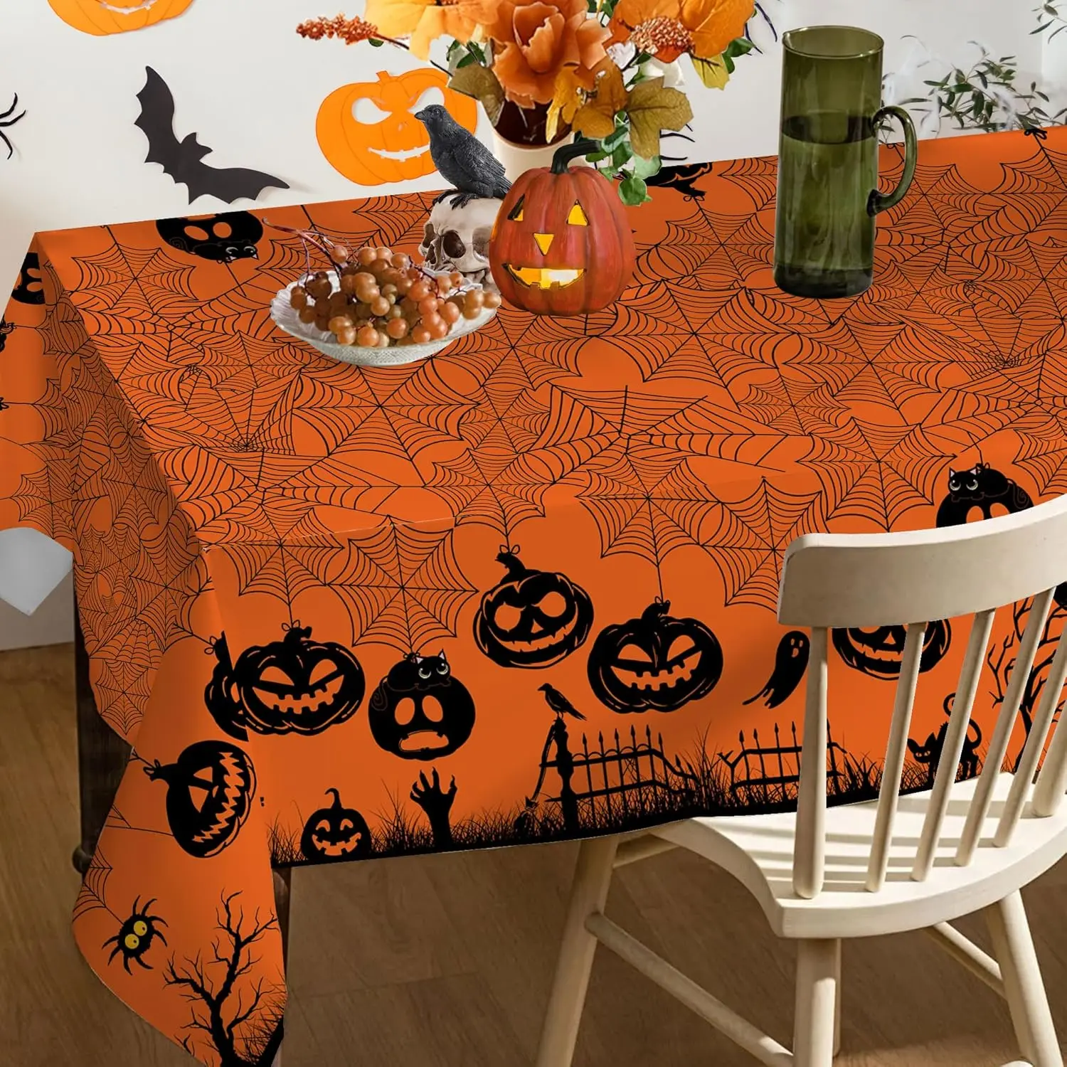 Halloween Water Resistant Spider Web Rectangle Tablecloth Dining Room Decor Durable Table Cover Halloween Party Decorations