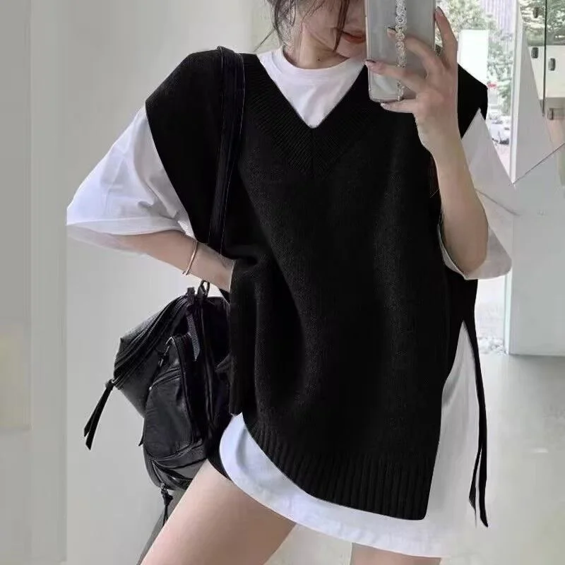 ルーズブラ Vネック ニットセーターベスト 韓国風 スリムトップ レディース アウター 秋 レイヤード オルト イルト