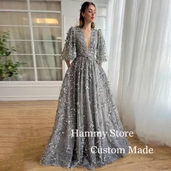 Grey Evening Dress Customized Luxury V Neck Beading Sequined Flower A Line Special Occasion Dresses Shinny Prom Gown for Party